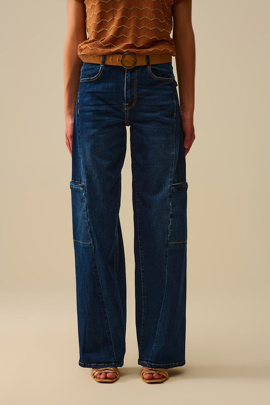 Q2 Jeans a vita alta a gamba larga con tasche laterali