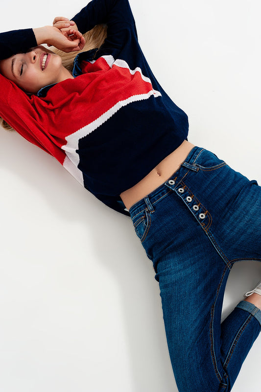 Q2 Jeans a vita alta blu con bottoni a vista
