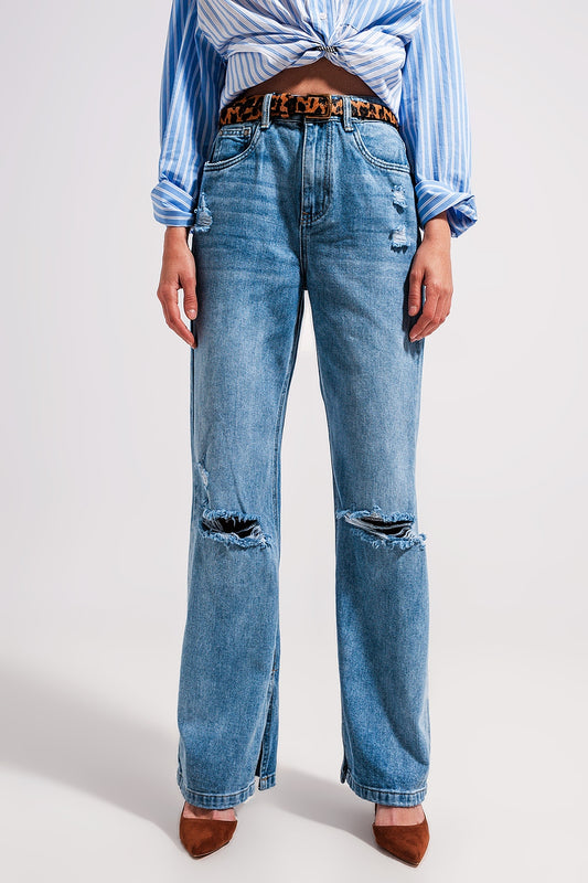 Q2 Jeans a vita alta con spacco sul fondo lavaggio vintage