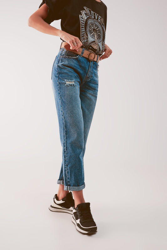 Q2 Jeans a vita alta con strappo in blu medio