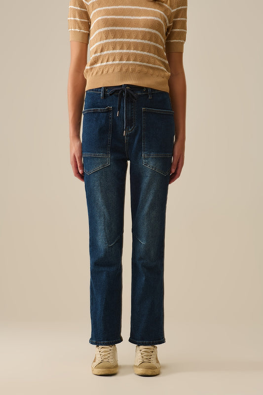 Q2 Jeans a vita larga con coulisse in lavaggio scuro