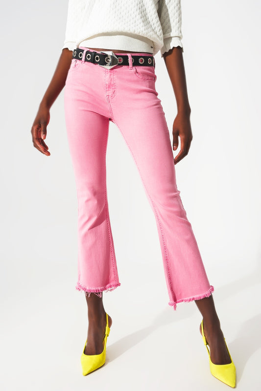 Q2 Jeans a zampa con orlo grezzo in rosa bubblegum