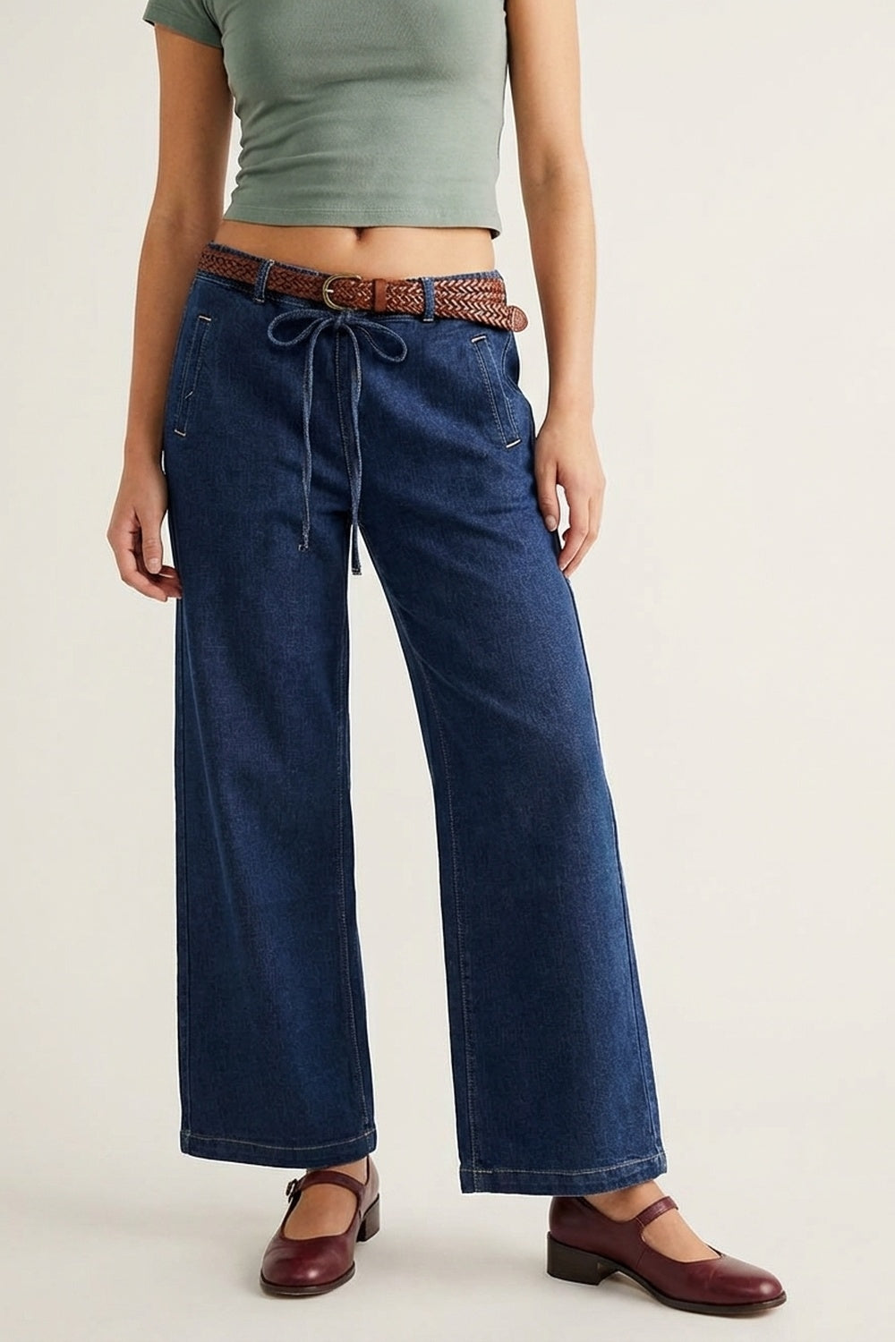 Q2 Jeans alla moda in denim blu a gamba larga con cintura