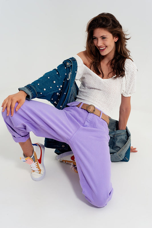 Q2 Jeans ampi affusolati viola a vita alta