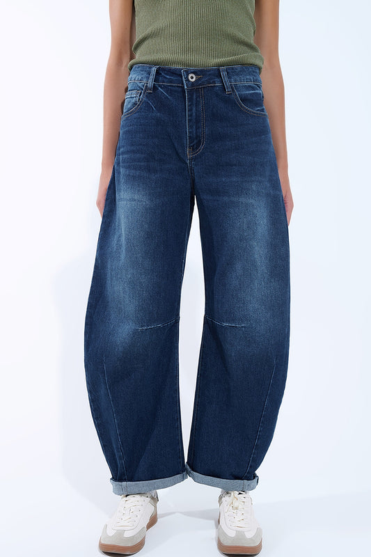 Q2 Jeans Barrel con cuciture a palloncino sulle ginocchia