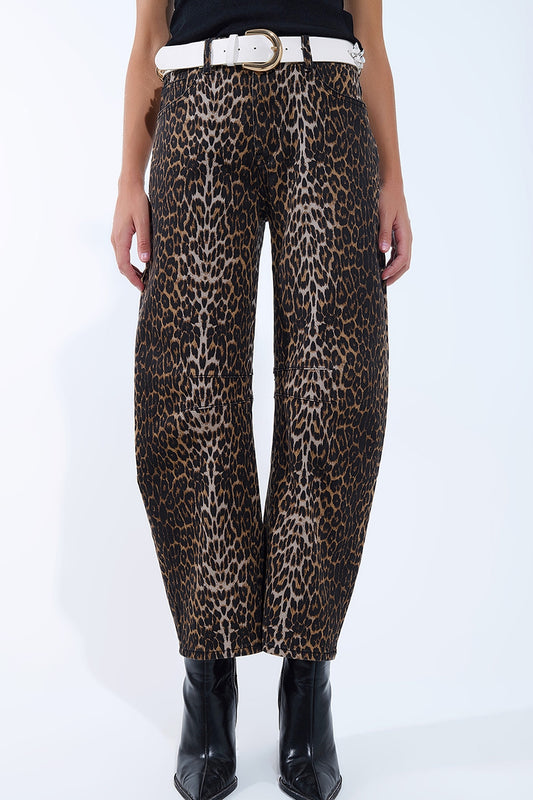 Q2 Jeans Barrel con stampa leopardo