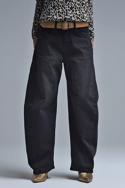 Q2 Jeans Barrel neri con dettaglio cuciture laterali
