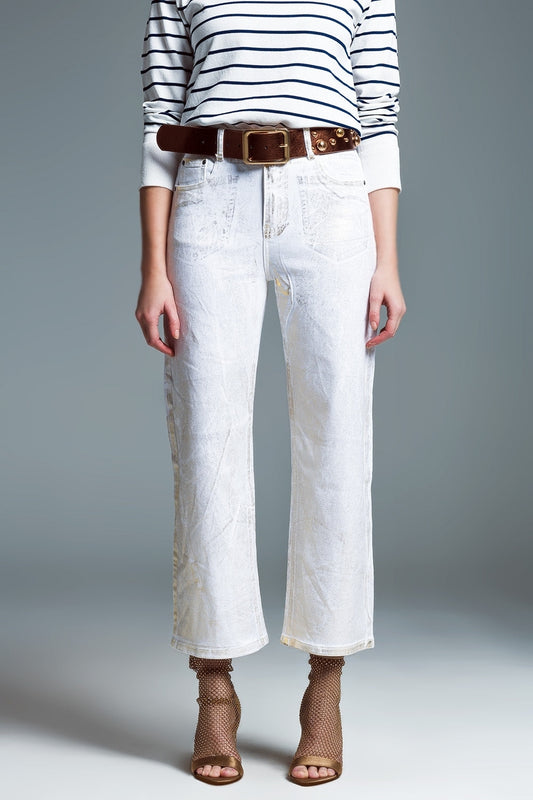 Q2 Jeans bianchi a gamba larga con finitura metallizzata in oro
