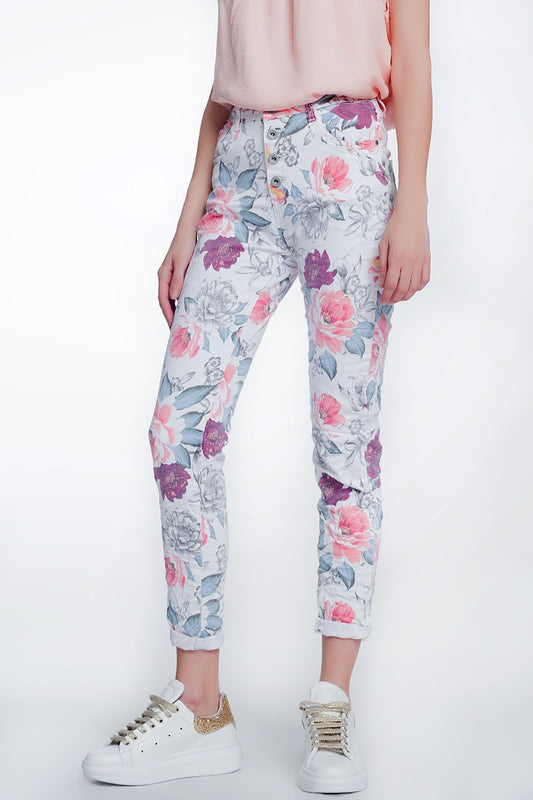 Q2 jeans bianco boyfriend con stampa floreale
