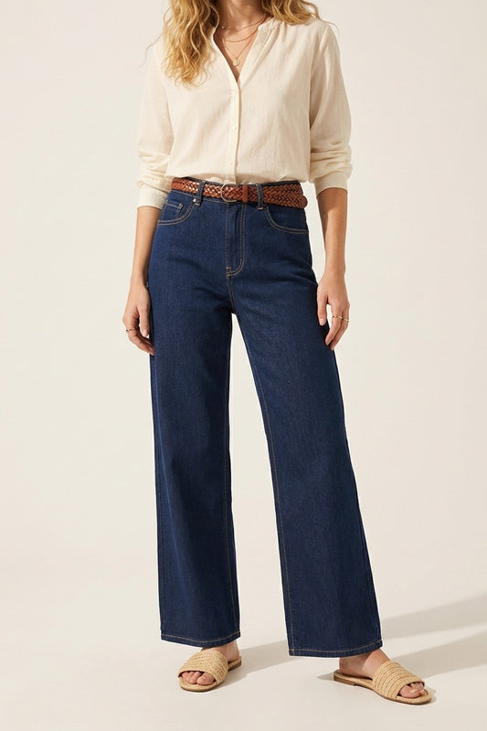 Q2 Jeans blu a gamba larga a vita alta
