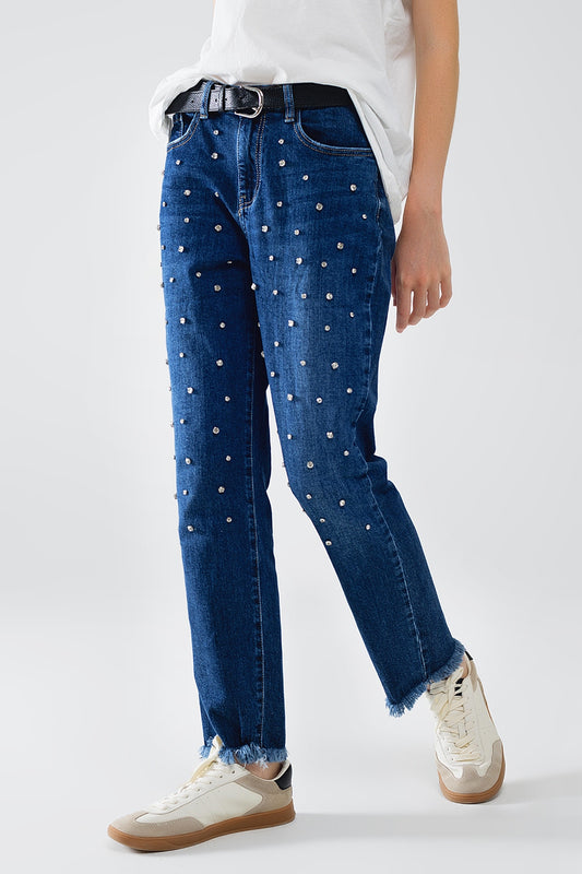Q2 Jeans blu dritti con dettagli frontali in strass e bordi sfrangiati
