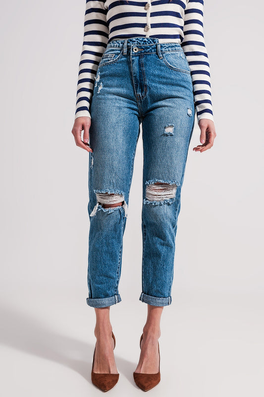 Q2 Jeans blu medio con abbottonatura asimmetrica