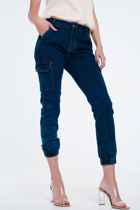 Q2 Jeans blu navy con tasche cargo