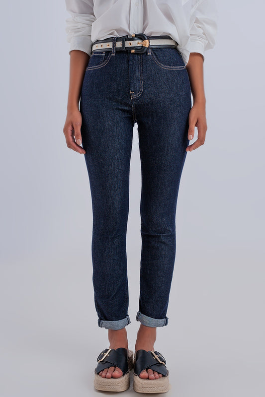 Q2 Jeans blu scuro basic a vita alta con cuciture a contrasto