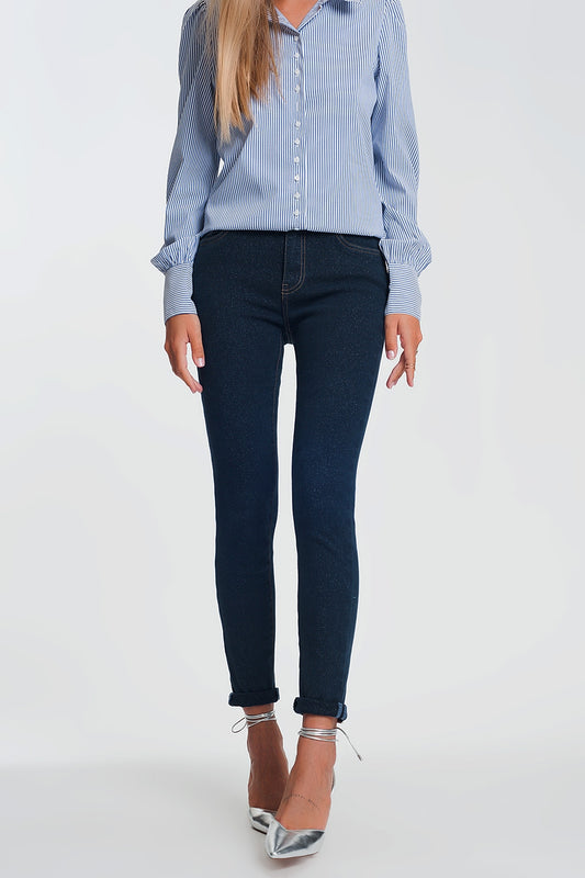 Q2 Jeans brillantinati a vita alta lavaggio scuro
