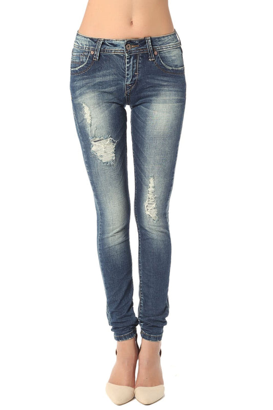 Q2 Jeans a sigaretta con dettagli strappati