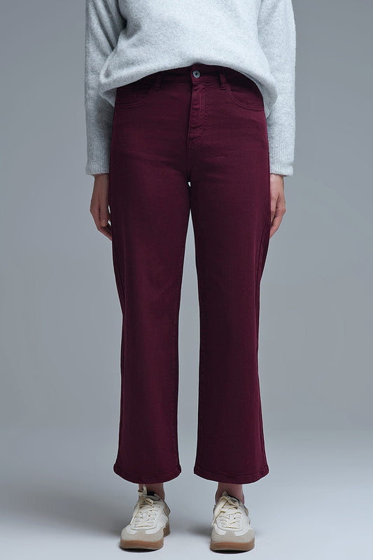 Q2 Jeans cropped a gamba larga in bordeaux