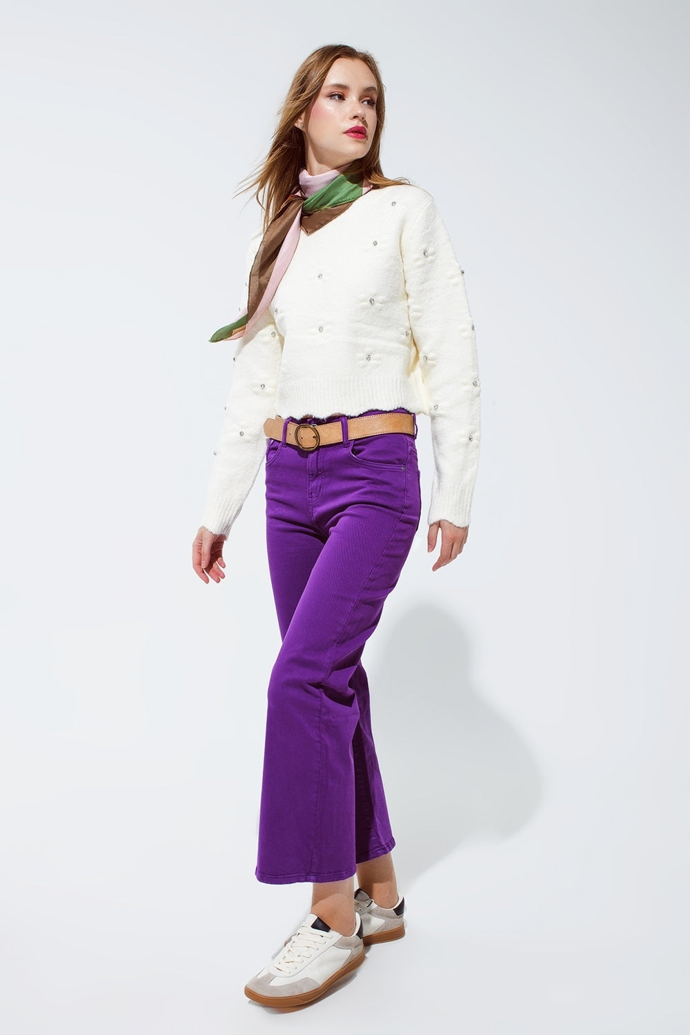 Jeans cropped a gamba larga in viola