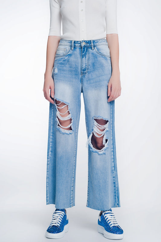 Q2 Jeans cropped con fondo ampio e grezzo azzurri
