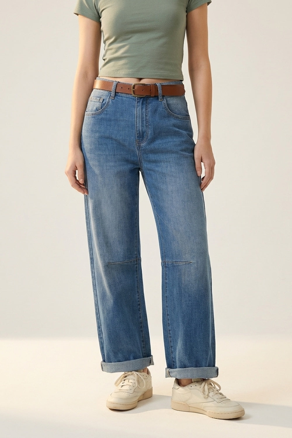 Q2 Jeans Denim a Gamba Dritta con Risvolti