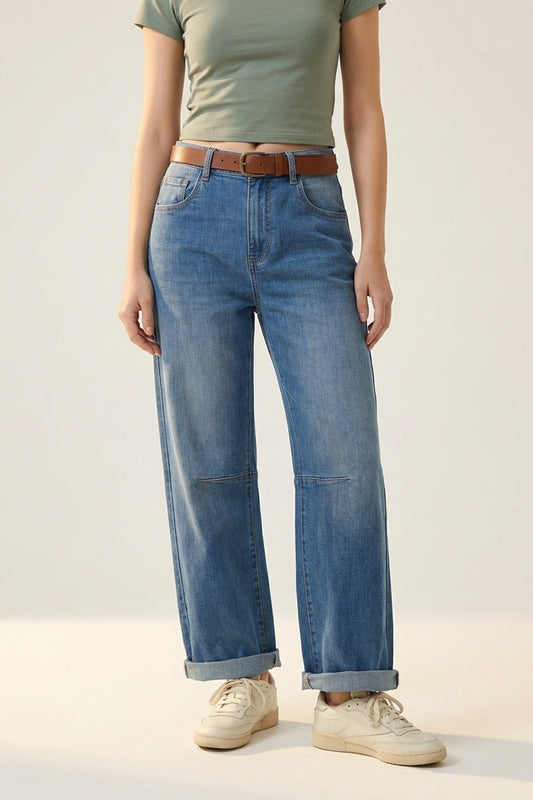 Q2 Jeans Denim a Gamba Dritta con Risvolti
