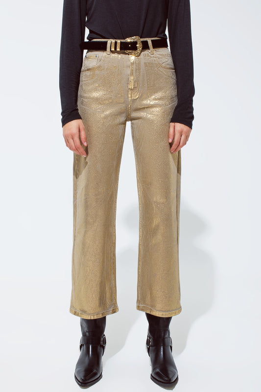Q2 Jeans dorati a gamba dritta con riflessi metallici