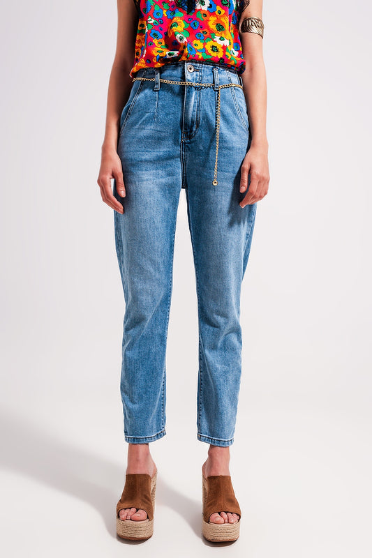 Q2 Jeans dritti a vita alta con cintura lavaggio chiaro