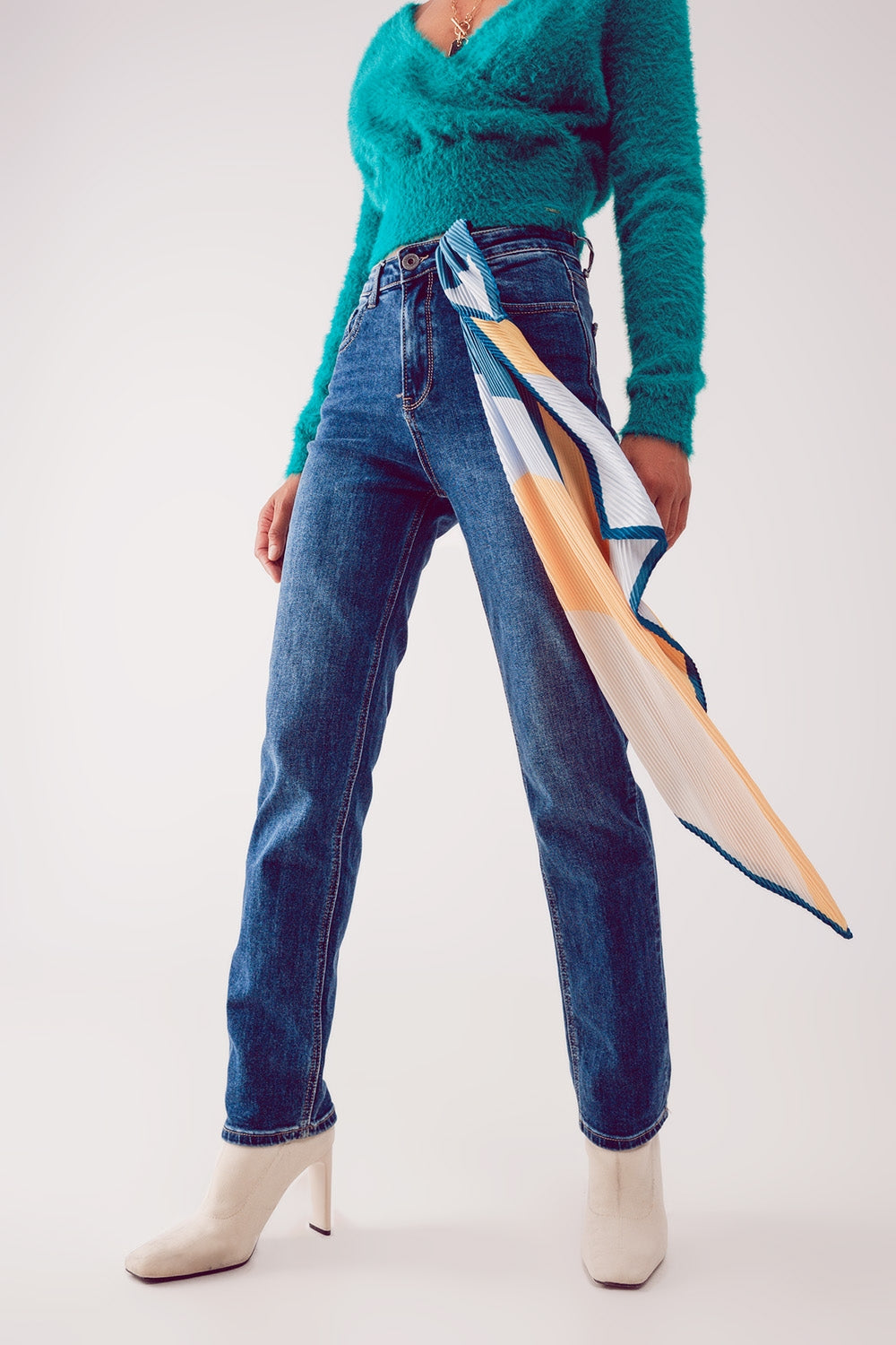 Q2 Jeans dritti a vita alta in misto cotone blu profondo