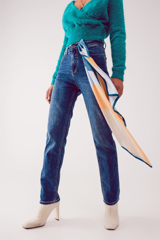 Q2 Jeans dritti a vita alta in misto cotone blu profondo