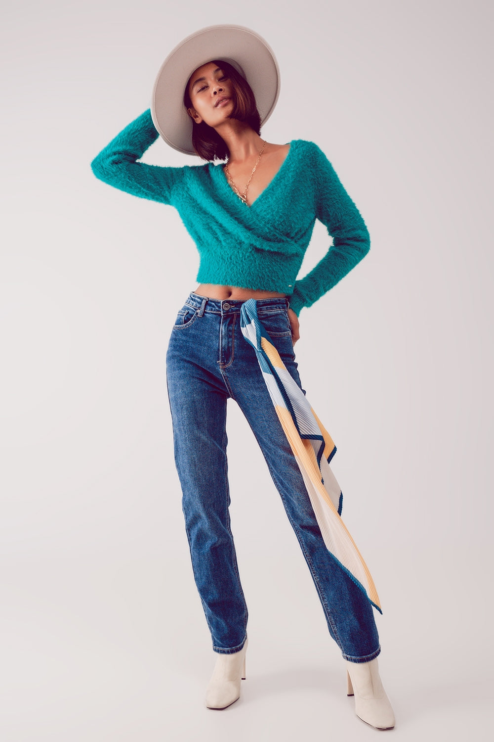 Jeans dritti a vita alta in misto cotone blu profondo