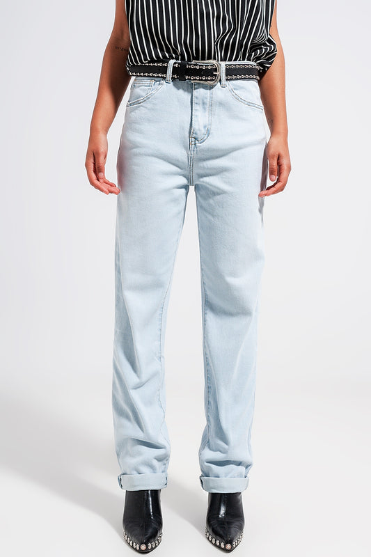 Q2 Jeans dritti a vita medio alta in lavaggio chiaro vintage