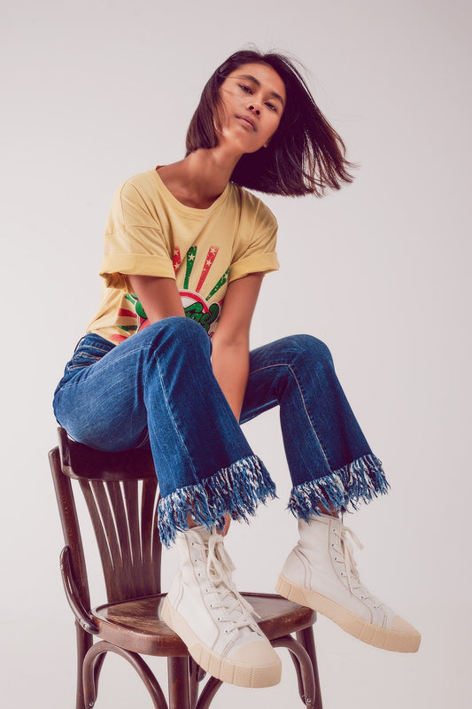 Q2 Jeans dritti a zampa blu scuro con orlo grezzo