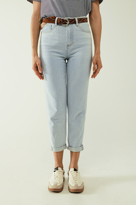 Q2 Jeans dritti blu chiaro con orlo e cinque tasche