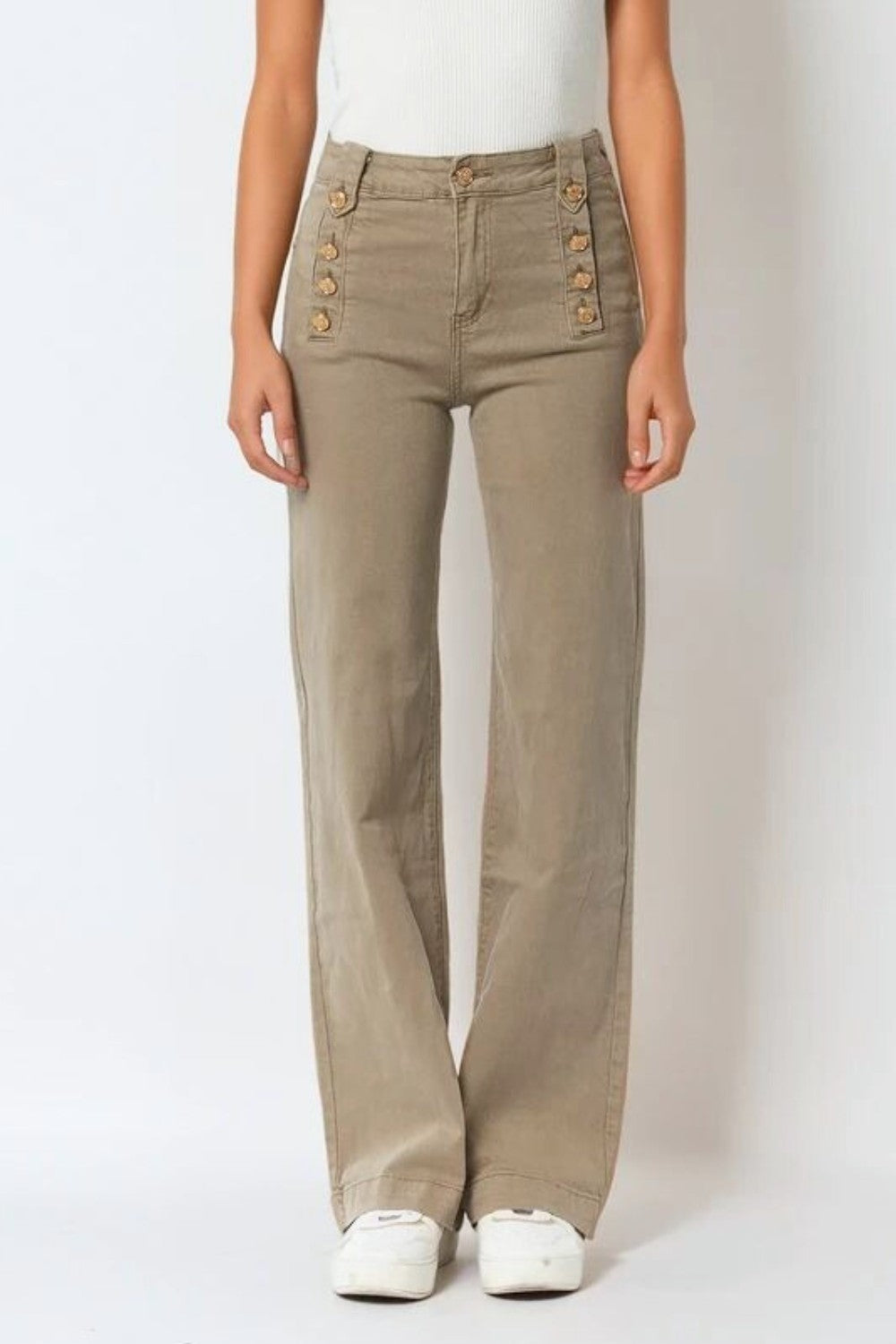 Q2 Jeans dritti con bottoni dorati laterali in beige