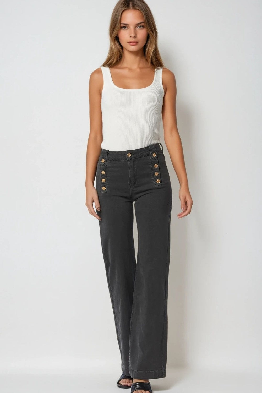 Jeans dritti con bottoni dorati sul lato in grigio scuro