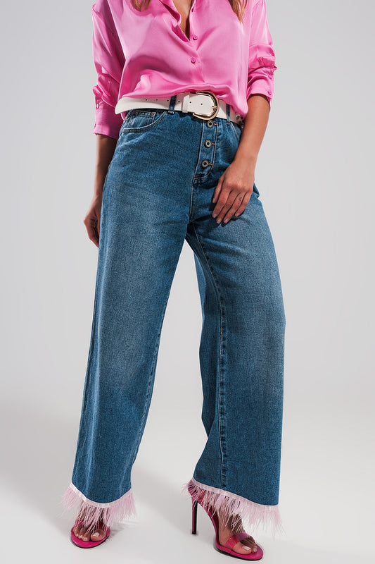 Q2 Jeans dritti con fondo in piume ROSA sintetiche