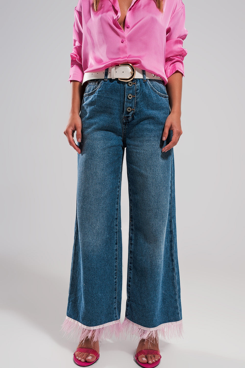 Jeans dritti con fondo in piume ROSA sintetiche