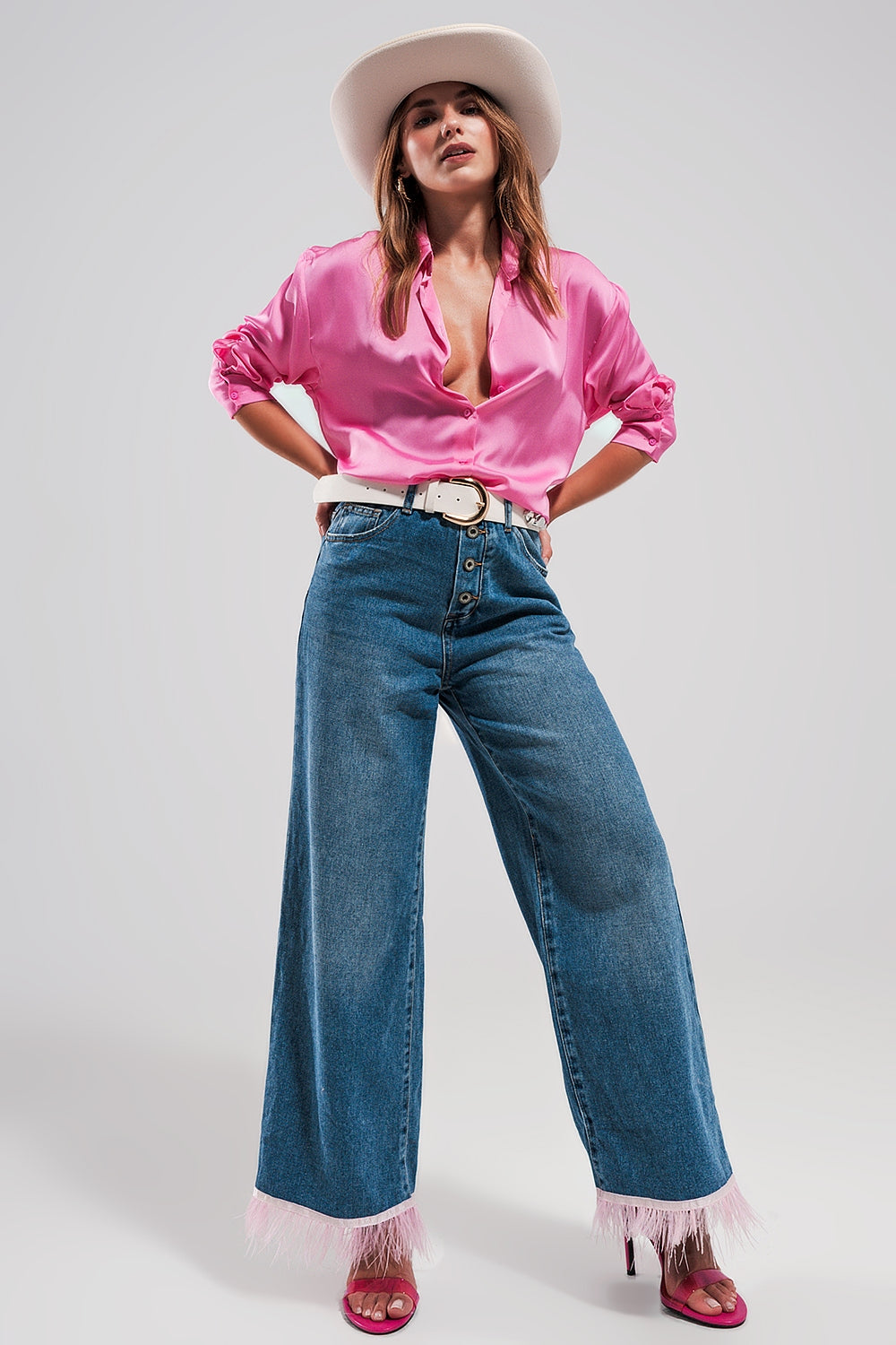 Jeans dritti con fondo in piume ROSA sintetiche