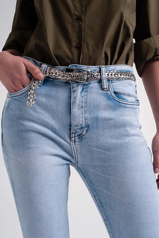 Q2 Jeans dritti con le caviglie piegate azzurri