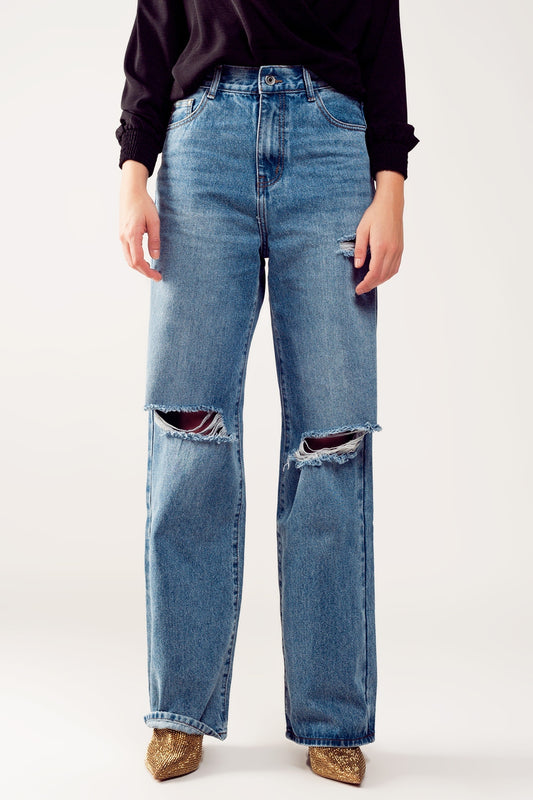 Q2 Jeans dritti con strappi sulle ginocchia lavaggio azzurro