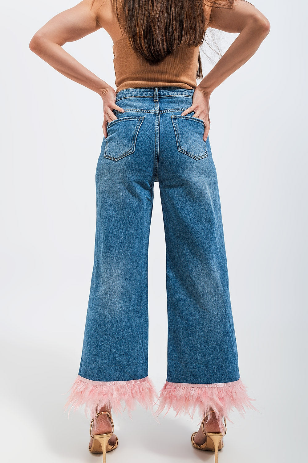 Jeans dritti in blu con fondo in piume sintetiche