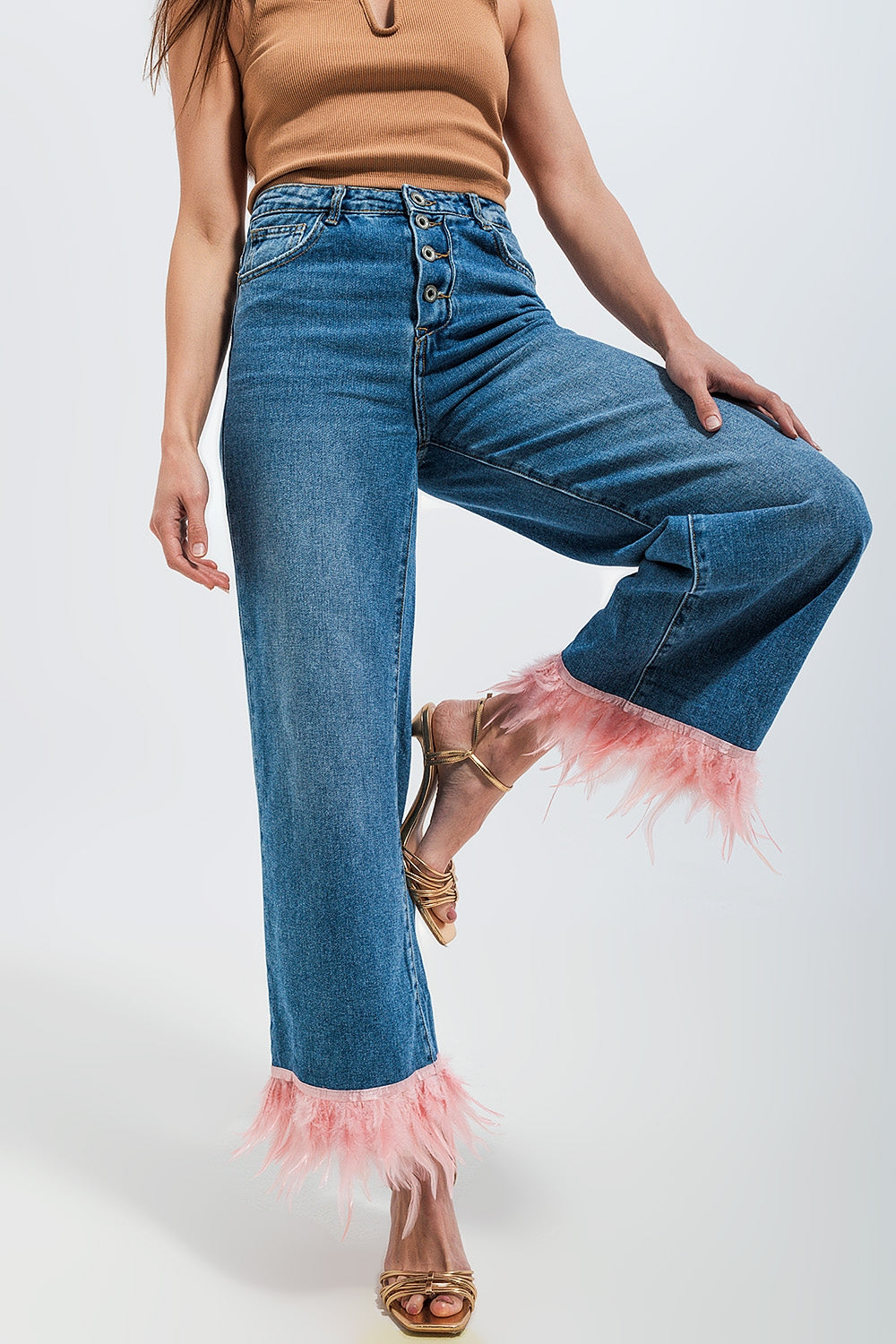 Jeans dritti in blu con fondo in piume sintetiche