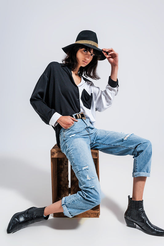 Q2 Jeans dritti in denim blu medio invecchiato