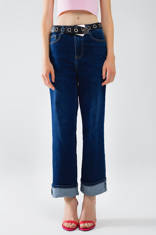 Q2 Jeans dritti in denim blu scuro con orlo ripiegato