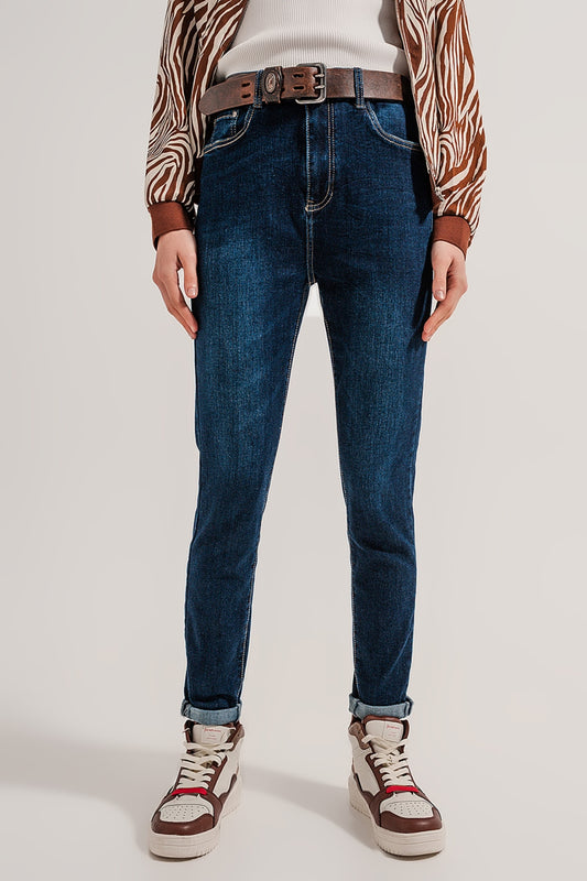 Q2 Jeans dritti in misto cotone blu medio