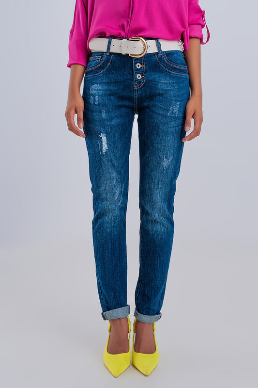 Q2 Jeans dritti lavaggio oscuro con bottoni a vista