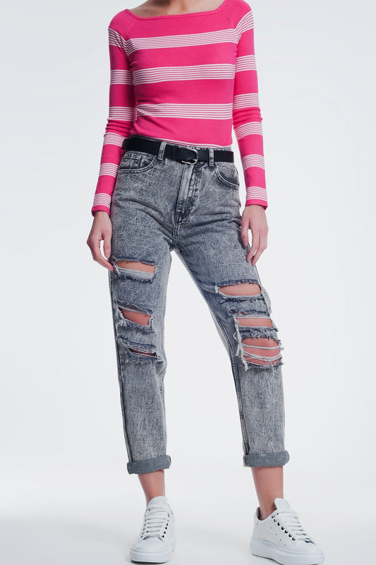 Q2 jeans dritti strappati in grigio