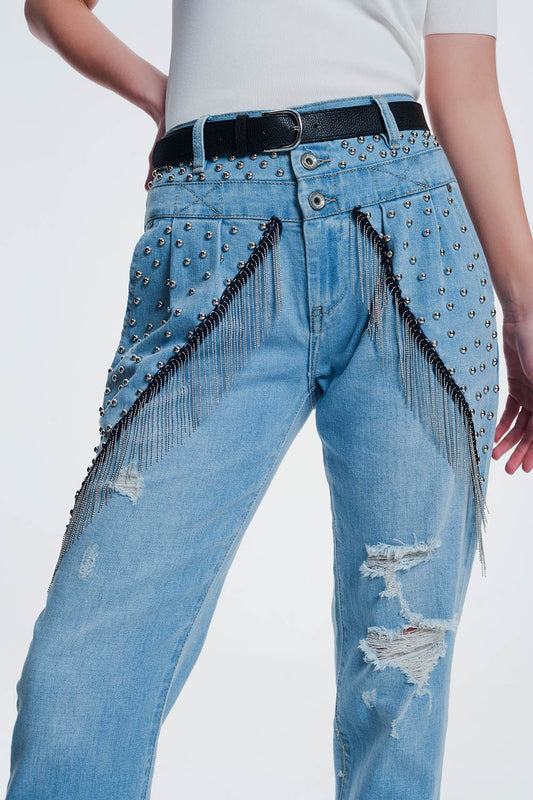 Q2 jeans dritti strappati vintage con borchie