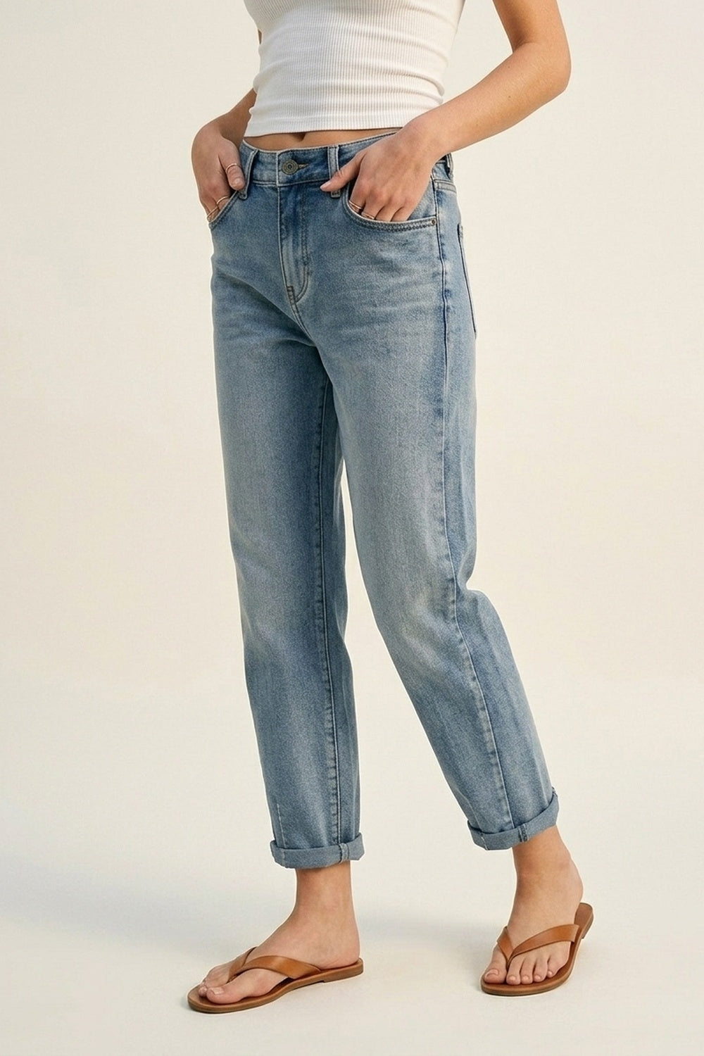 Q2 Jeans elasticizzati mom-fit lavaggio vintage