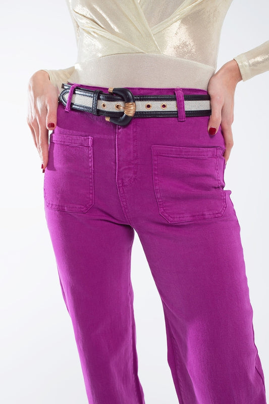 Q2 jeans flare a vita alta con tasche frontali in magenta